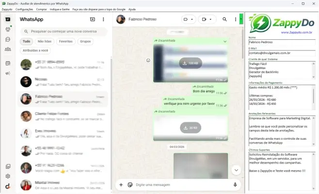 Tela do software ZappyDo em funcionamento no WhatsApp Web